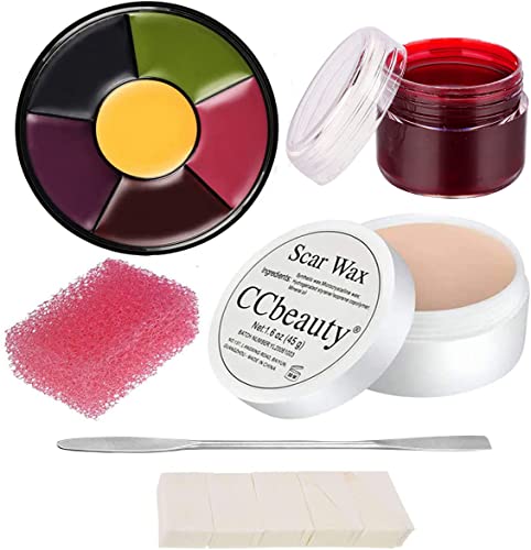 CCbeauty 6 Colors Bruise Wheel with Fake Wound Modeling Scar Wax (1.6Oz),Spatula Tool,Coagulated Scab Blood Gel,Stipple Sponge,10 Triangle Sponge for Halloween SFX Special Effects Stage Costume Makeup