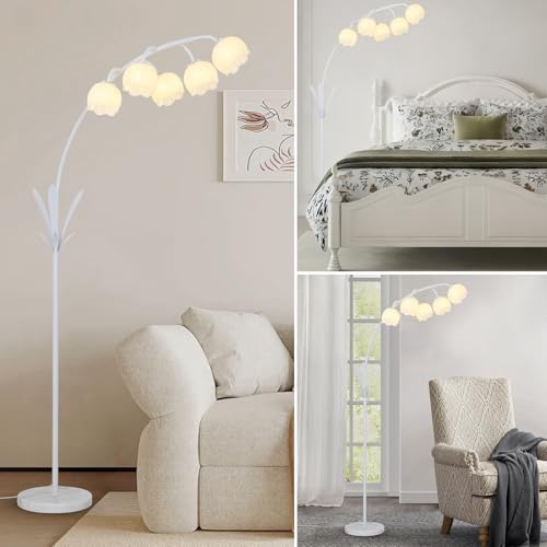 Image of HMVPL White Floral Floor Lamp, Cute Flower Standing Lamp for Bedroom, Modern Tall Lamp with 5 G9 LED Bulbs, Foot Switch, Acrylic Shade, Curved Floor Lamp for Living Room Corner Bedside Kids Home Decor
