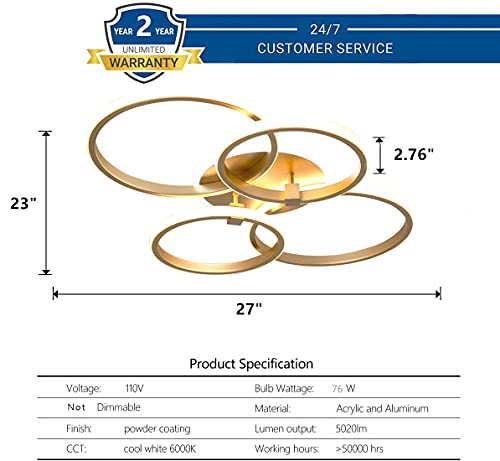 Becailyer 76W Modern LED Chandelier, 4-Ring Flush Mount Ceiling Light Round Acrylic Ceiling Lamp for Living Room Bedroom Dining Room, 6000K - image 5