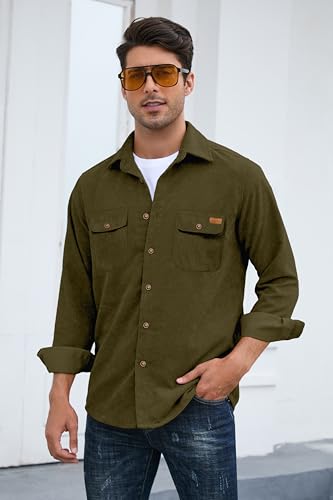 Image of Comdecevis Men's Corduroy Button Jean Shirt Long Sleeve Turndown Collar Work Shirt Jacket with Flap Pockets Green 3X-Large