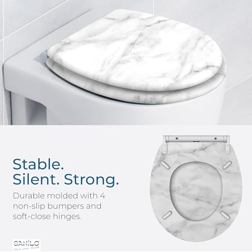 Image of Sanilo Wooden Toilet Seat with Quick Release & Soft Close [ROUND] - Decorative & Slow Close Molded Wood Seat - With One Click for Easy Installation & Cleaning - With Adjustable Fit (Marble)