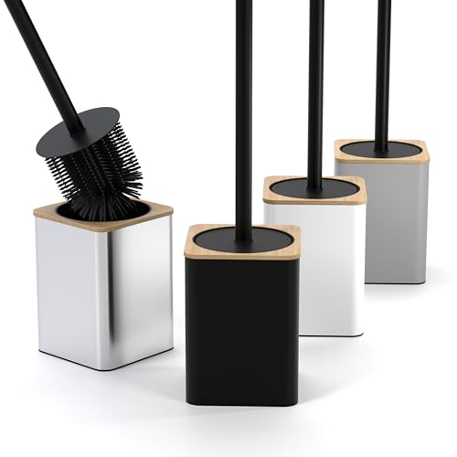 SAVEGA - Brosse WC en Silicone Noire avec Bambou - Balayette Toilettes Design avec Support en Acier INOX et Couvercle Anti-Gouttes