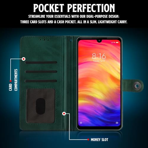 Image of WOW IMAGINE Shock Proof Flip Cover Back Case for Xiaomi Mi Redmi Note 7 | 7 Pro | 7S (Magnetic Button Flip Case | Wallet Pockets & Stand | Leather Finish | Forest Green)