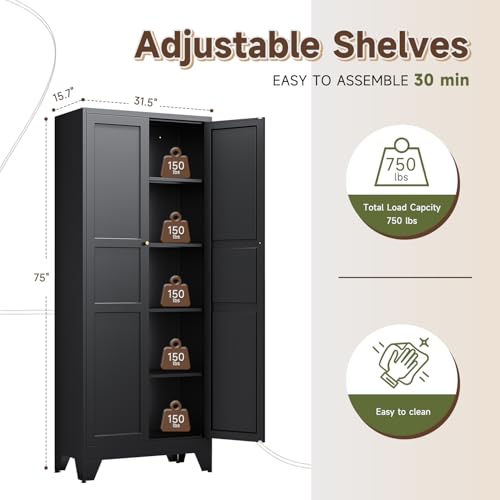 Image of Letaya 75 inch H Metal Storage Cabinet with 2 Doors and 4 Shelves,Tall Kitchen Pantry Cabinets,Farmhouse Utility Pantry Organizers for Cupboard /Dining /Bathroom /Home Office /Garage Room,Black
