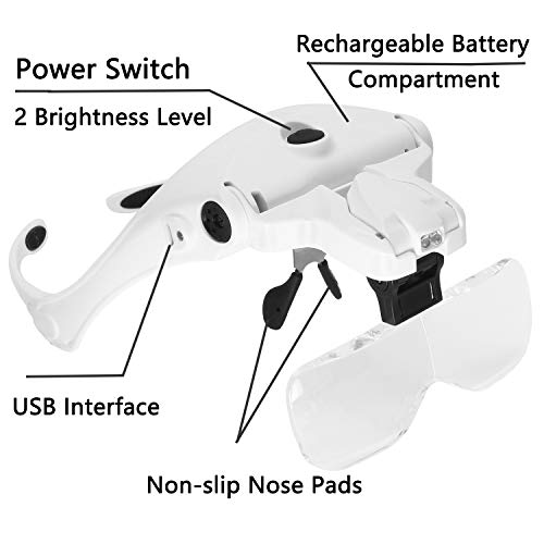 Image of Magnifying Glass with Light for Close Work, Rechargeable Lighted Head-Mounted Magnifier Visor with 2 Jeweler's Loupe LEDs and Interchangeable Headband for Reading, Jewelry Work, Watch Repair