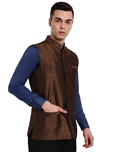 Image of SKAVIJ Mens Embellished Ethnic Wear Nehru Jacket Floral Printed Formal Waistcoat Regular Fit (Small,Brown)