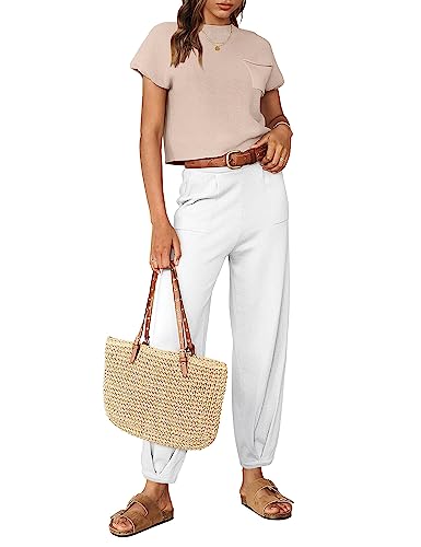 Merokeety Women Two Piece Outfits Sweater Sets Knit Pullover Tops High Waist Pants Lounge Set Tracksuit, Oatmeal, X-S #TOP16