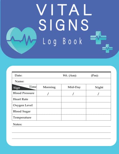 Vital Signs Log Book: Health Monitoring Record Log, Heart rate, Temp, Blood sugar, Blood pressure & Oxygen Level, Large Print (120 Pages).