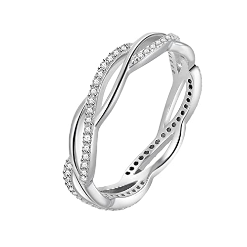BORUO 925 Sterling Silver Ring, Twisted Infinity Celtic Knot Cubic Zirconia CZ Wedding Band Stackable Ring Size 4-12