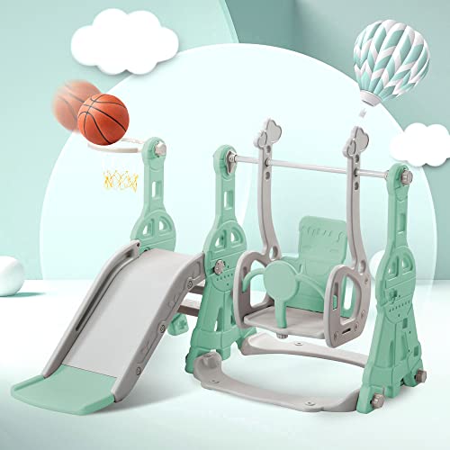 BTM Glissière pour Enfants, balançoire de glissière pour Enfants 4 en 1, Support de Basket - Ball, Escalade, glissière intérieure et extérieure glissière de Jardin (Green)