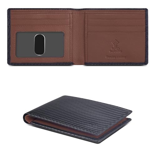 Image of Oak Leathers Slim Leather Wallet for Men - RFID Blocking Slim Minimalist Front Pocket - Thin & Stylish with ID Window, Gift For Men (Black Carbon /Cognac)