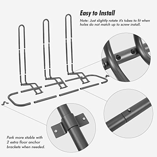 Ikkle Bike Parking Stand, Bike Rack Bicycle Floor Parking Stand For 3 Bikes, Adjustable Dual Purposes Bike Storage Holder For Garage, 2 Extra Floor Anchor Brackets Available, Indoor And Outdoor Use #TOP3