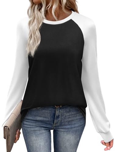 WIHOLL Womens Tops Raglan Long Sleeve Shirts for Women Color Block Casual Tops Early Fall Fashion Clothes School Outfits for Teachers Basic Tees Winter Clothing Fall Outfits for Women 2025 Black L