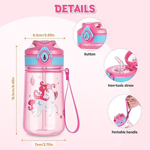 Bobicon Kids Water Bottle with Straw, Child Water Bottle 420ml, BPA Free Tritan Leak Proof Cute Bottle, Easy Clean Carry Strap for Outdoors