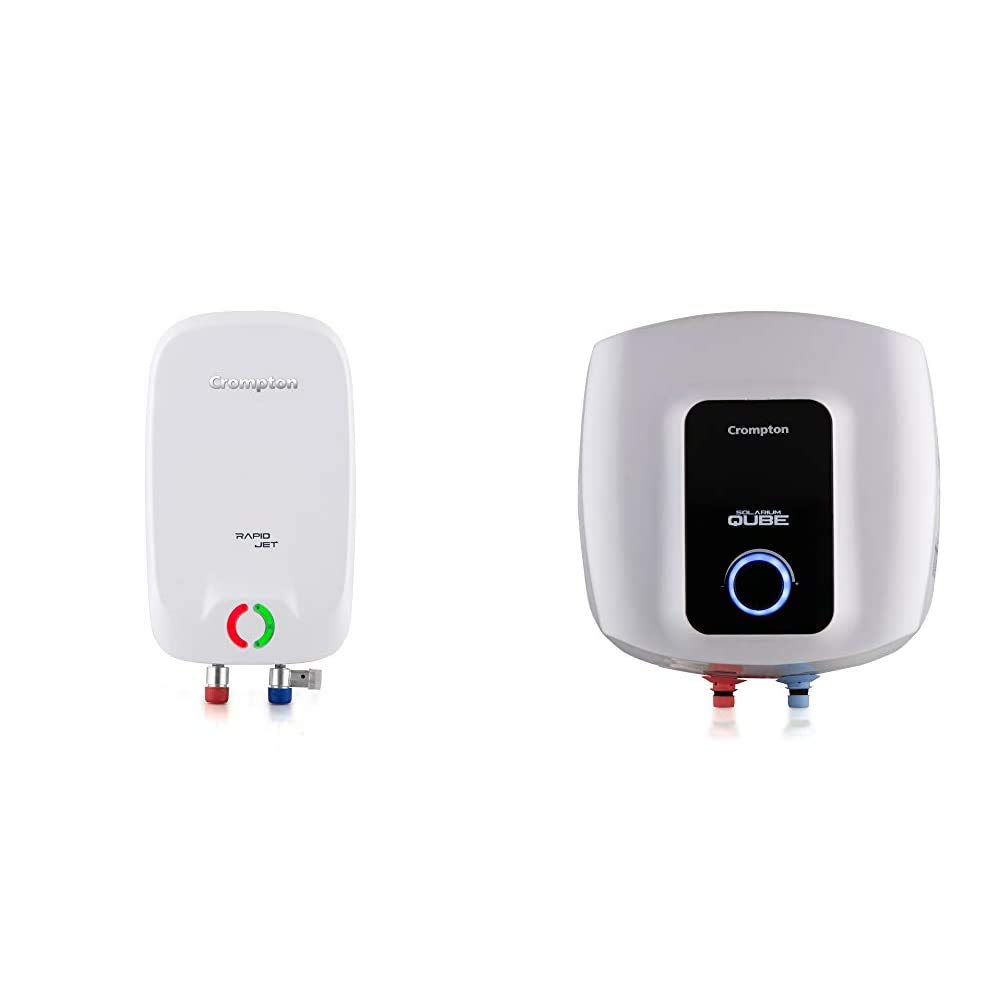 Crompton Rapid Jet AIWH-3LRPIDJT3KW5Y 3LTR (3KW) Instant Water Heater (White and Grey) & Crompton Solarium Qube 15LTR, 2KW,5 Star-Rated Storage Water Heater (White & Black)