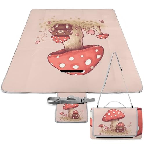 LMHLDSC Beach Blankets for Adults Waterproof Portable Foldable Bear and Mushroom Outdoor Picnic Blanket Beach Mat for Camping Hiking Family Travel