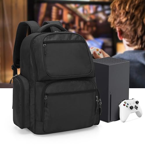 Image of Trunab Travel Backpack Compatible with Xbox Series X Carrying Case Game Storage Bag with Inner Divider for Xbox X /S Console, Multiple Pockets for 15.6 inch Laptop and Other Gaming Accessories, Black | Game Storage Bag Fits 15.6 inch Laptop, Controller & Cables, Padded Pockets for Gaming Accessories