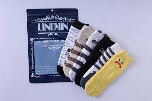 LINEMIN Kids Fuzzy Socks Boys Girls with Grips Non Slip Slipper Socks Cozy Fluffy Winter Warm Crew Socks 6 Pairs (Cute Animal 01,8-12 Years)2