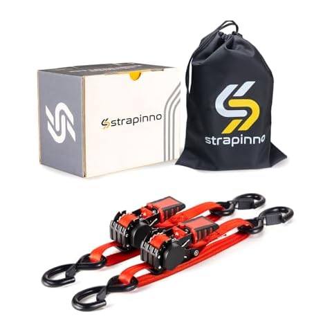 Strapinno Retractable Ratchet Straps - 1 in x 2.5 ft Heavy Duty Boat Transom Tie Down, 2PCS, 2400lbs Breaking Strength, S Hooks with Safety Clip, for Boat, Jetski, Seadoo, Waverunner, and PWCs (Red) Cover