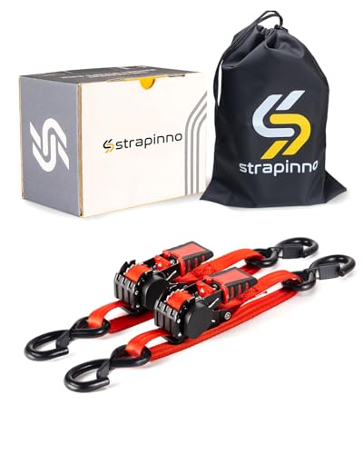 Strapinno Retractable Ratchet Straps - 1 in x 2.5 ft Heavy Duty Adjustable Boat Transom Tie Down, 2PCS, 2400lbs Breaking Strength, Safety S Hooks, for Boat, Jetski, Seadoo, Waverunner, and PWCs (Red)