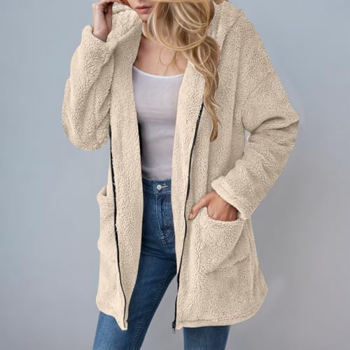 KOG Fleecejacke für Damen Wintermantel Warme Teddyjacke Wollmantel Einfarbig Streetwear Frauen Kapuzenpullover übergangsjacke Strickjacke Frau Daunenmantel Sportjacke Dufflecoat Beige XL