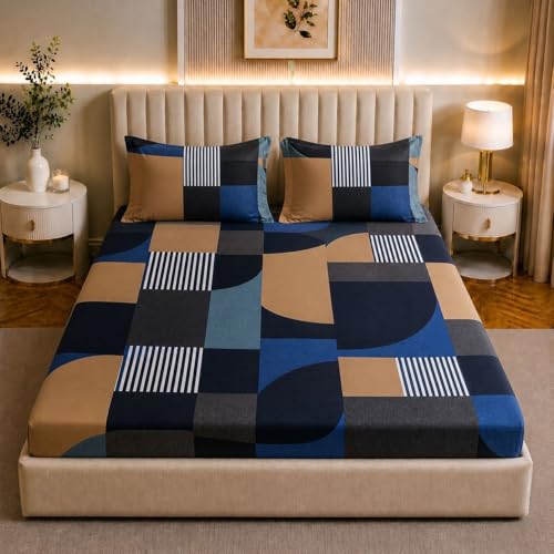 Image of Castiqa Elastic Fitted Supersoft Premium Brushed Cotton 200TC Double Bedsheets King Size 78x72 Inch with 2 Pillow Covers (Fits Upto Mattress of 10 Inches (Kr Check)