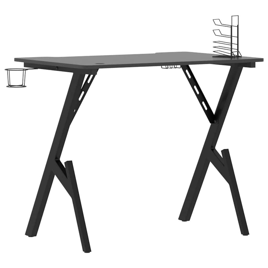 Gaming-Schreibtisch mit Y-Gestell Schwarz 90x60x75 cm, ergonomischer Computertisch mit Kopfhörerablage und Becherhalter, Stabiler Schreibtisch für Monitor und Zubehör