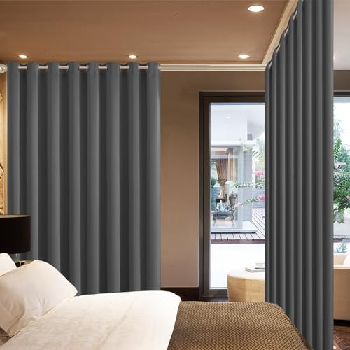 Yakamok Blackout Patio Curtains 100x84 Inches for Sliding Door Extral Wide Blackout Curtain Panels Thermal Insulated Room Divider - Grommet Top, 7' Tall by 8.3' Wide - Charcoal Grey