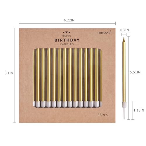 Image of PHD CAKE 36-Count Gold Long Thin Metallic Birthday Candles, Cake Candles, Birthday Parties, Wedding Decorations, Party Candles, Cake Decorations