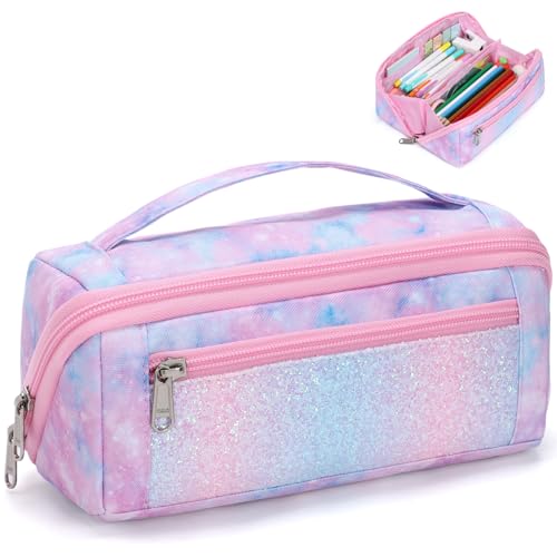 Image of Pencil Case for Girls, Durable Kids Pencil Pouch for School, Wide Opening Soft Bag with Handle, Fits 50 Pens & Markers (Pink Tie Die)