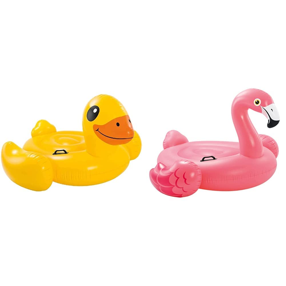 Intex 57556 57556NP Schwimmtier Gelbe Ente, Gelb/Bunt, Pequeño & 57558NP Reittier Flamingo Spielzeug, 147 x 140 x 94 cm