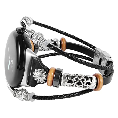 KONAFEI Compatible with Google Pixel Watch Band, Slim Handmade Leather Bracelets Boho Bead Metal Jewelry Retro Strap Wristband Accessories for Women and Men, DB-Black