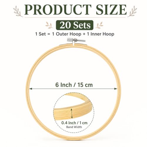 Image of EATHEATY 20 Sets 6 Inch Embroidery Hoop, Adjustable Bamboo Circle Cross Stitch Hoop Ring Bulk, Bamboo Wooden Hoops for Art Craft Sewing, Christmas Decoration
