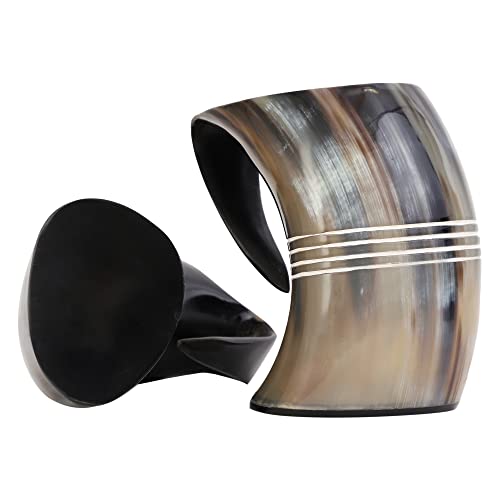 Viking Drinking Horns Tankards 7 Pcs Big Kit Large Mug, Brass Border Drinking Horn With Stand, Belt Holster, Bottle Opener, Shot Glass, Jute Bag |Best For Beer Mead Wine Ale Cold & Hot Liquid #TOP1