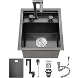Ribanedy Hidden RV Kitchen Sink with Foldable Faucet, 13.7' x 17.7' Undermount Stainless Steel Single Bowl Workstation Bar Sink for camping and small spaces (B Dark Grey)