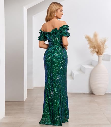 Image of dasmzper Women Sexy Sequin Off Shoulder Ruffle Short Sleeve Bodycon Mermaid Party Formal Evening Maxi Dress