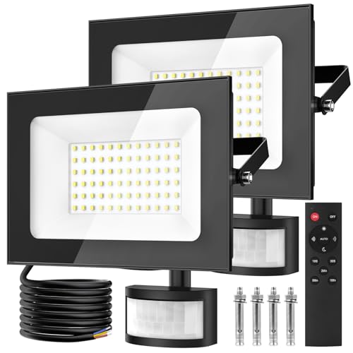 papasbox Lot de 2 spots LED 50 W avec détecteur de mouvement pour capteur de lumière extérieur | Spot extérieur avec télécommande | Blanc froid 5000K IP66 étanche pour jardin et garage