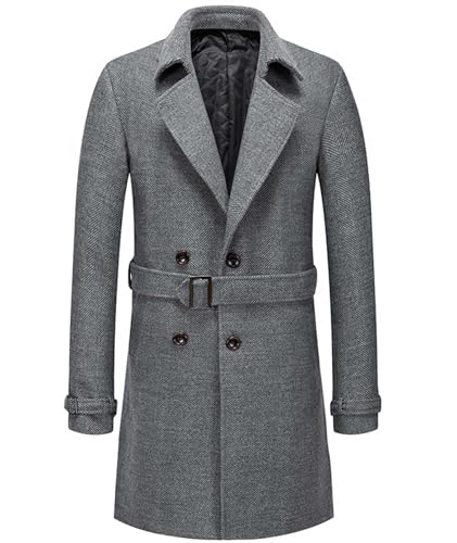 SOMTHRON Men's Trench Coat Wool Blend Slim Fit Notch Lapel Double Breasted Belted Jacket Business Pea Coat Overcoat