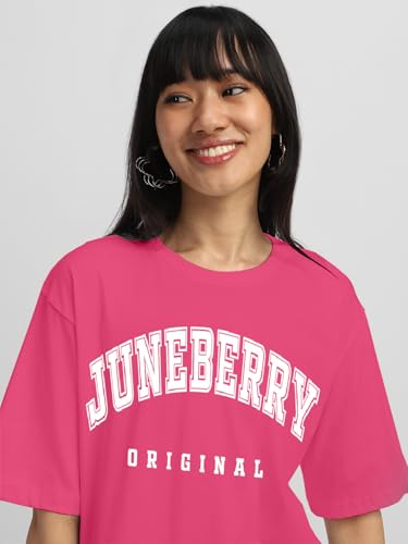 Image of JUNEBERRY Pure Cotton Oversized Drop Shoulder Brand Logo Typography Print Round-Neck Baggy Fit T-Shirt for Women (Available in Navy, Green & Pink Colors)