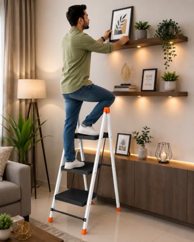 Image of CIPLA PLAST Polo 3 Step Heavy-Duty Foldable Steel Ladder, Non-Slip Steps, for Home, Office, Kitchen & Outdoor Use with Safety Lock, Anti-Slip Steps
