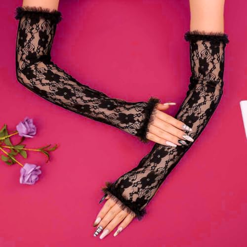 CASDRE Long Lace Floral Bridal Arm Sleeves Fingerless Wedding Gloves Elbow Length Halloween Cosplay Glove for Women and Girls2