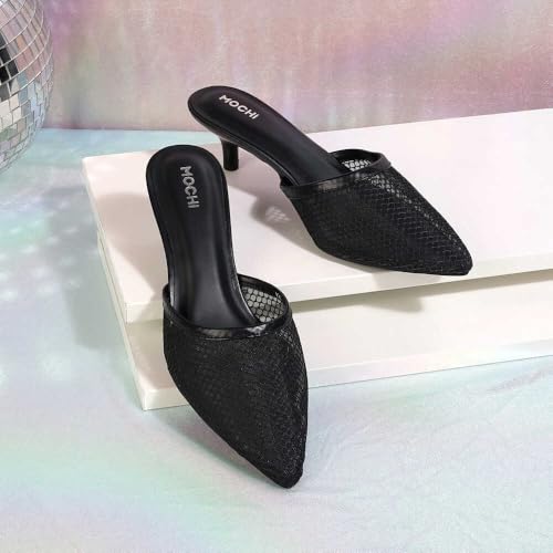 Image of Mochi Women's Mesh Leather Kitten Heel Fashion Slip-on Mules