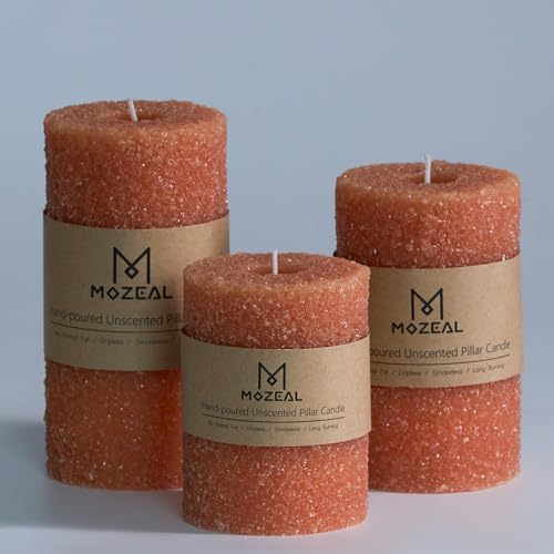 MOZEAL Hand-Poured Decorative Pillar Candles Set of 3 (3"x4" 5" 6"), Dripless, Unscented, Smokeless, Burnt Orange for Fall Fireplace, Thanksgiving Table & Autumn Décor