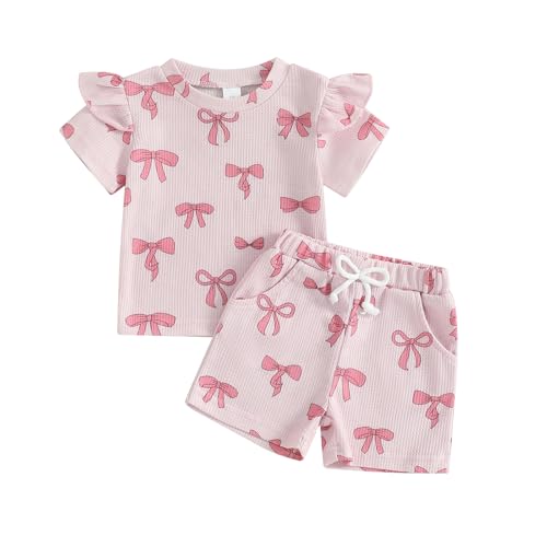 NZNDSHD Toddler Baby Girl Clothes Summer Bow Print Short Sleeve T-Shirt Tops Pockets Shorts Set Waffle Knit Outfit