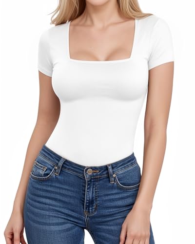 ALGALAROUND T-Shirts for Women Fitted Square Neck Short Sleeve Shirt T-Shirts Summer Basic Womens Tops for Ladies Slim Fit Tee Going Out Top White S