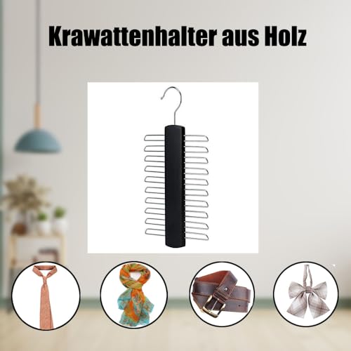 Kaizuca 2 Stück Krawattemhalter, Gürtelhalter, Holz Kleiderbügel Krawattemhalter, mit 20 Metallregale und 360 Grad Drehbarer Kleiderhaken, für Gürtel, Schal, Krawatte Aufbewahrung (schwarz)
