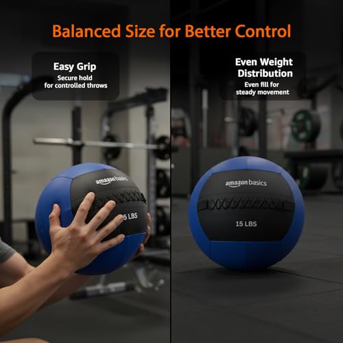 Image of Amazon Basics 15 lbs Exercise Wall Ball | Slam Ball | Durable Stitched Composite | Premium SRF Material | Enhanced Grip | Balanced Feel | Strength & Core Workouts | Home & Gym Use | 13'' Dia| Blue & Black