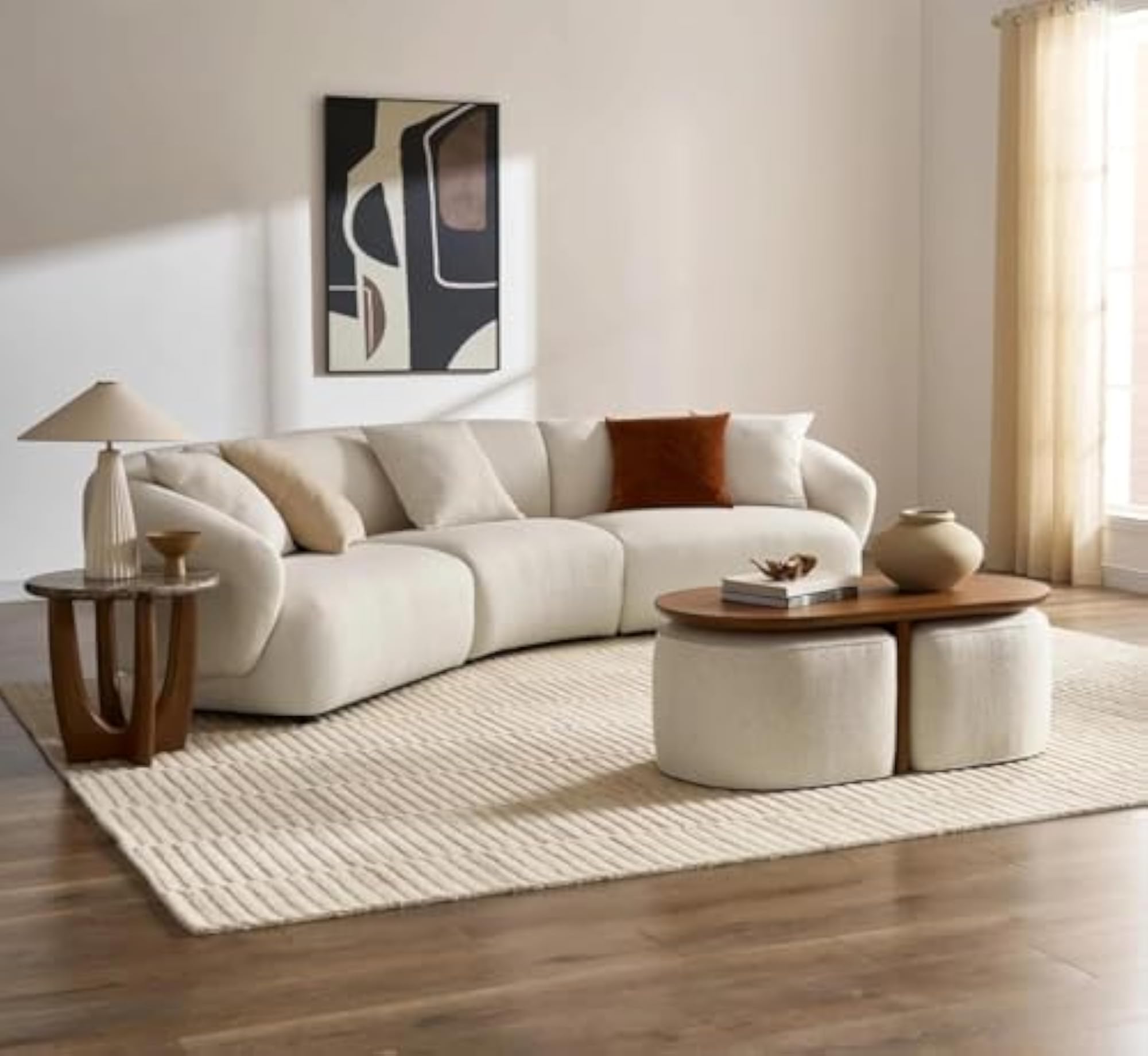 Mango Wood Coffee Table with 2 Stools, Oval Centre Table