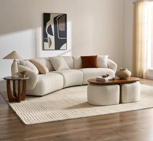 Image of Mango Wood Coffee Table with 2 Stools for Home | Oval Centre Table with Seating Stools | Space Saving Patio Tables with Two Upholstered Puffy Ottoman for (Natural Teak)