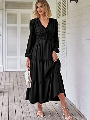 Zaful Women Lantern Sleeve V Neck Maxi Dress Solid Tie Neck Smocked High Waist Tiered Casual Flowy Swing Long Dress (1-Black, L) #TOP3